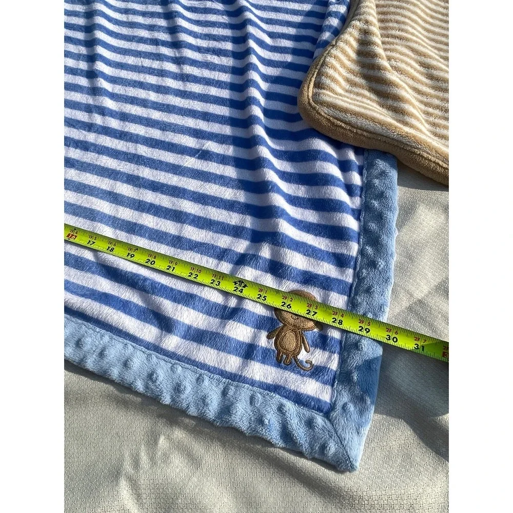 Lot Of 2 Carter's Baby Blankets Monkey Teddy Bear Stripes Brown Blue Fleece